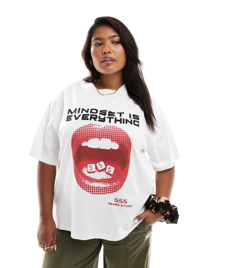 Renee Studio Plus x Holly Wynne exclusive Mindset is Everything mouth motif t-shirt in white