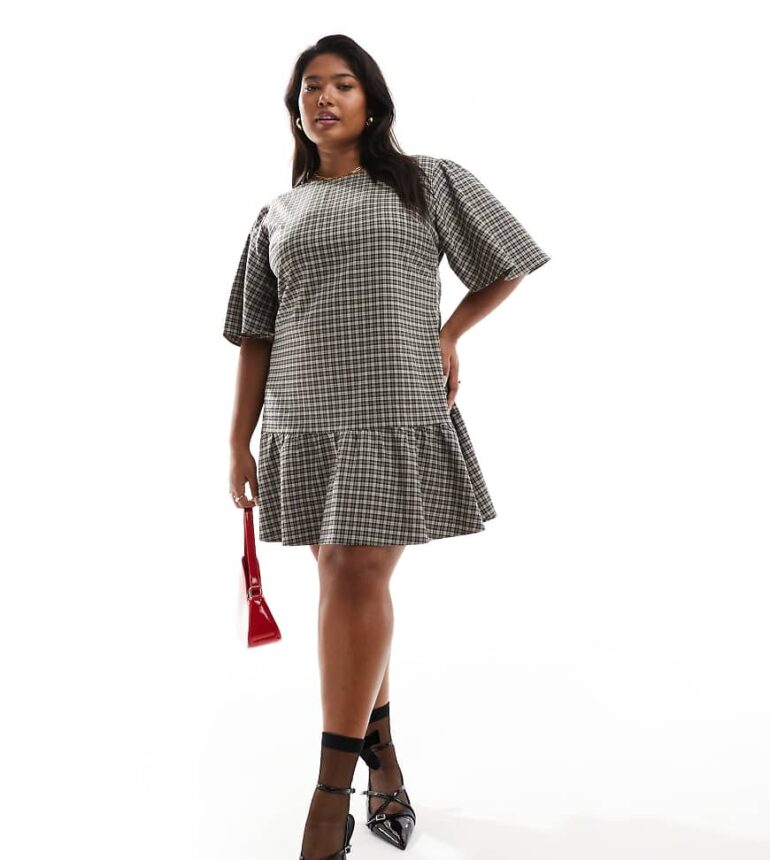 Renee Studio Plus x Holly Wynne exclusive dropped hem puff sleeve mini dress in brown check