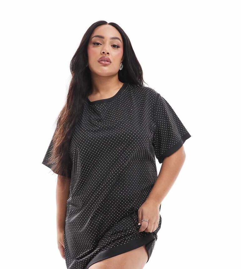 Renee Studio Plus x Michelle Nayla exclusive allover hot fix ribbon tie back T-shirt mini dress in black