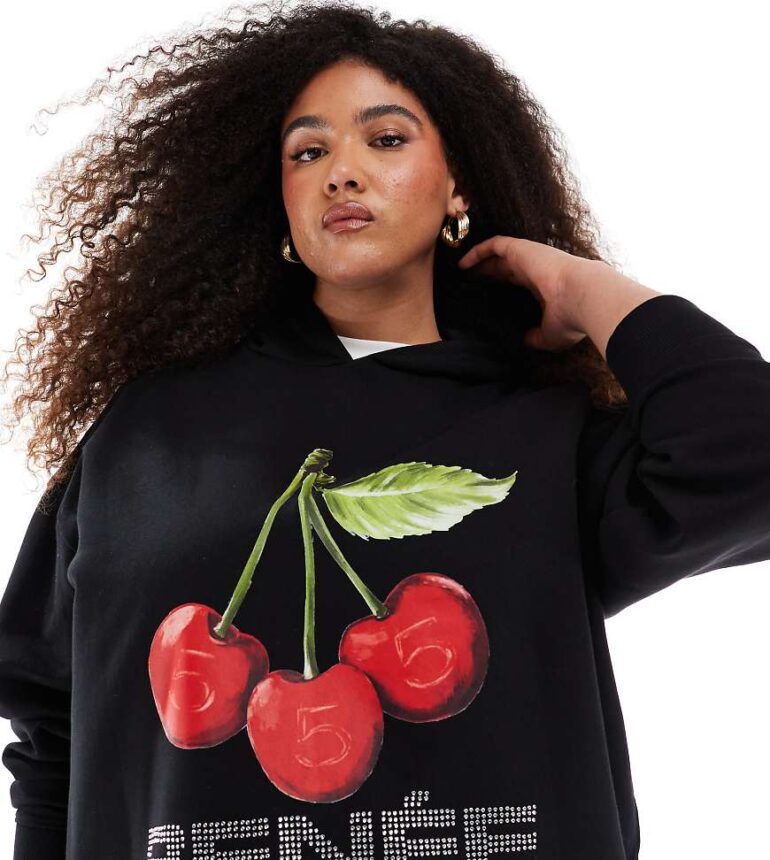 Renee Studio Plus x Michelle Nayla exclusive diamante cherry logo oversized hoodie co-ord in black