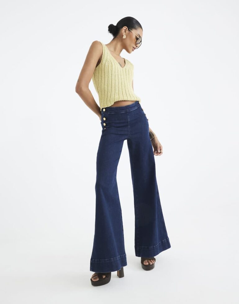 River Island High rise palazzo button detail jeans in denim - dark-Navy