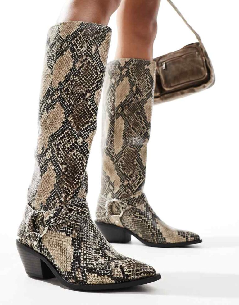 SEQWL knee high western boot in snake-Multi