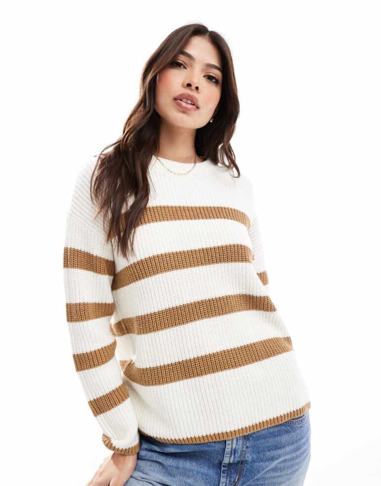 Selected Femme knitted jumper in cream with tan stripe-White
