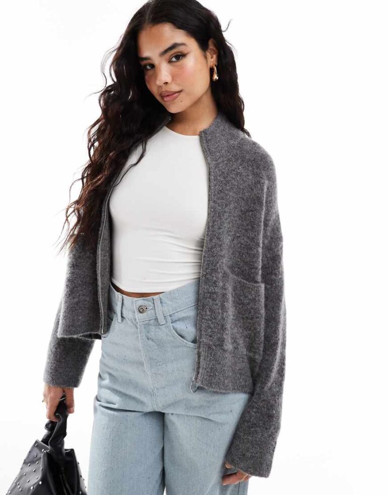 Selected Femme zip thru alpaca blend fluffy cardigan with pockets in grey