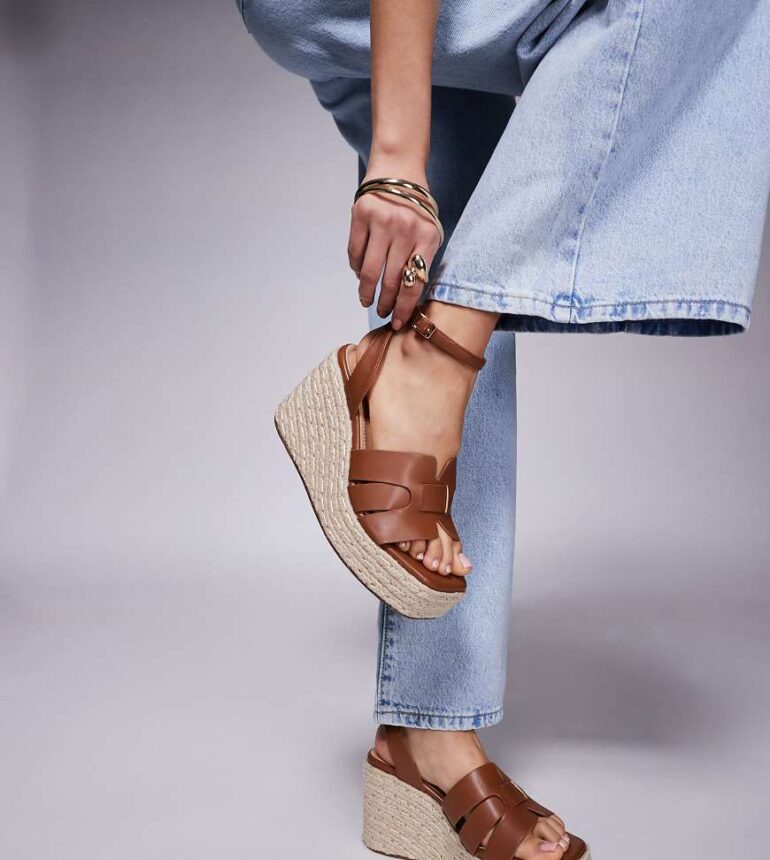 Simmi London Bellamy Wide Fit mid heeled espadrille wedges in tan-Brown