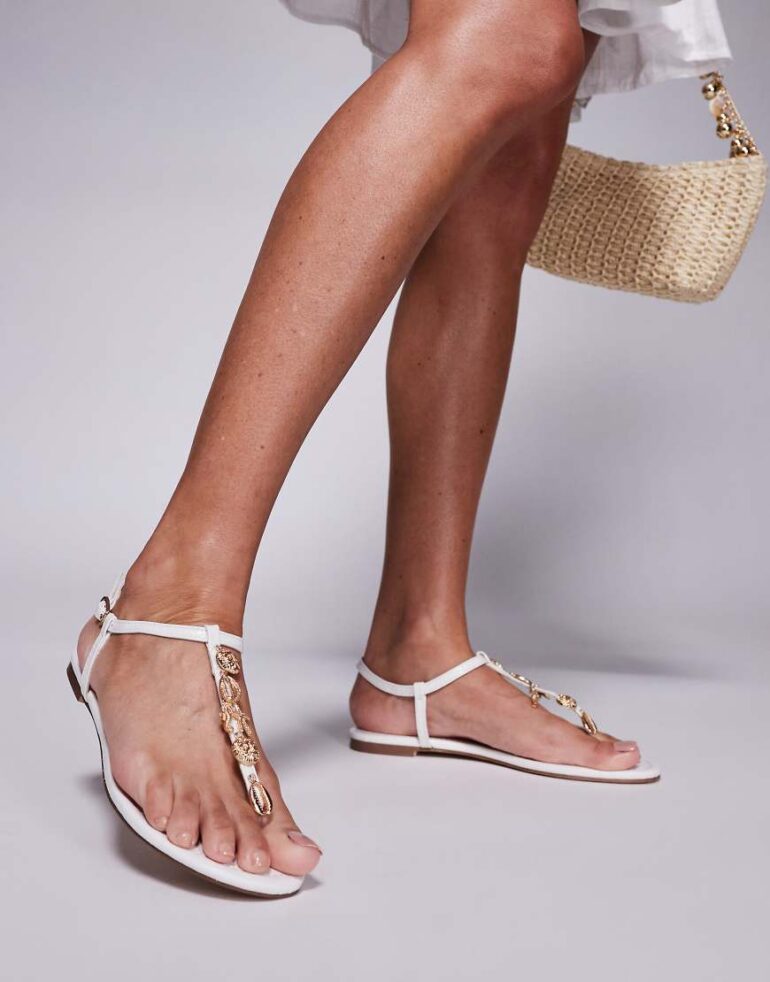 Simmi London Crya embellished strap thong sandals in white
