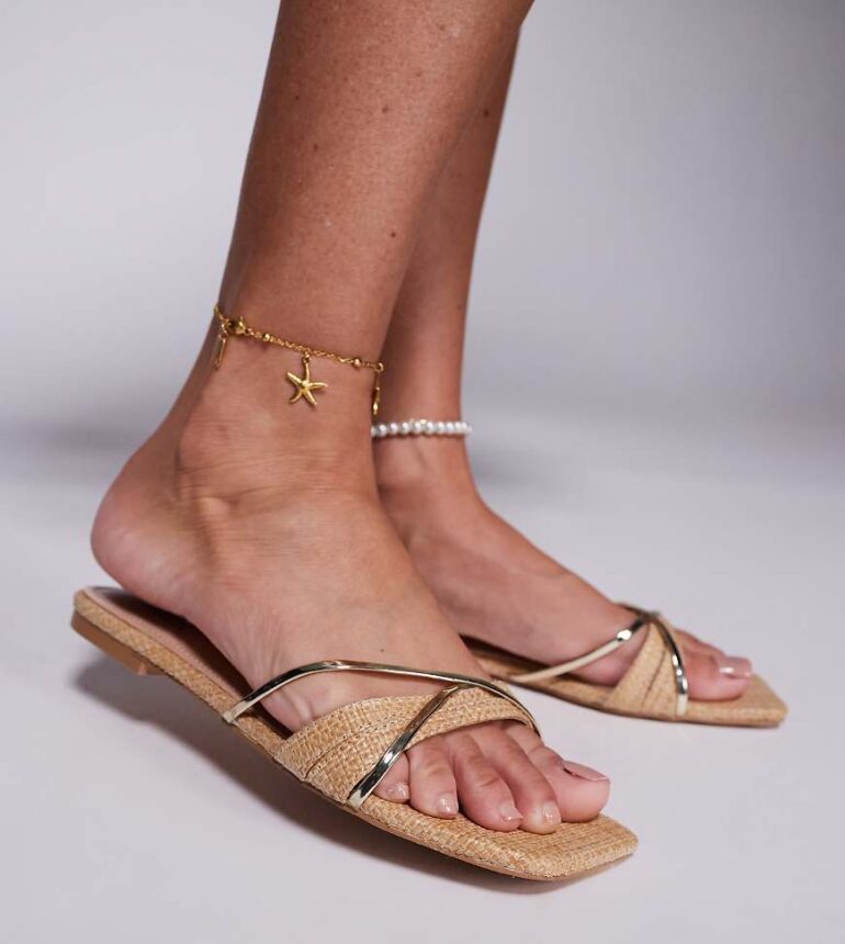 Simmi London Saffy Wide Fit square toe flat sandals in beige-Neutral