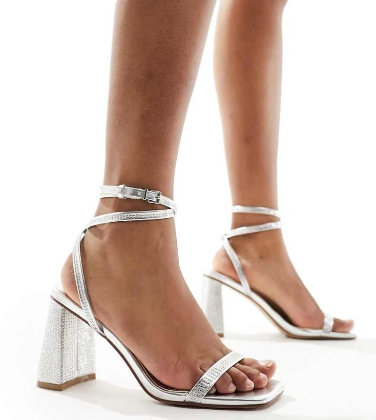 Simmi London Wide Fit Bolt block heeled sandal in embellished silver