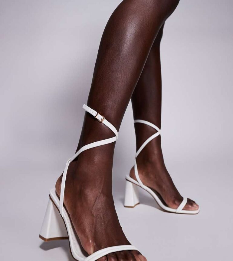 Simmi London Wide Fit Bora strappy block mid heeled sandals in white