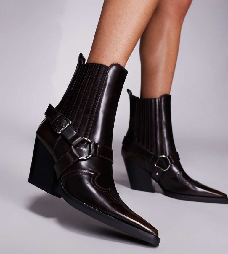 Simmi London Wide Fit Esperanza mid ankle cowboy boot with buckle detail in brown PU