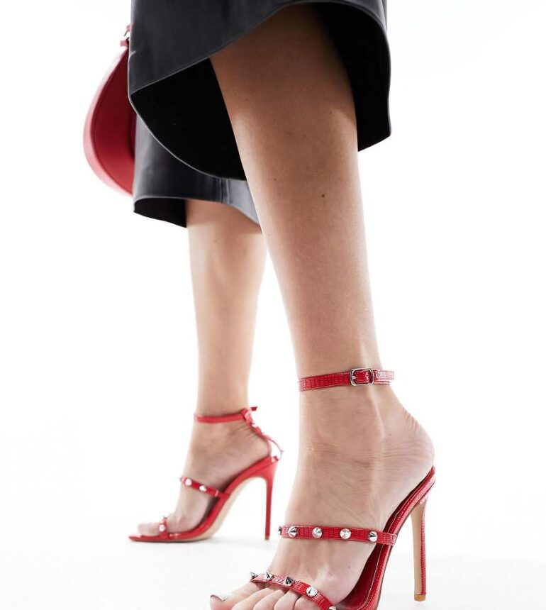 Simmi London Wide Fit Layleigh barely there heeled sandals with studded straps in red