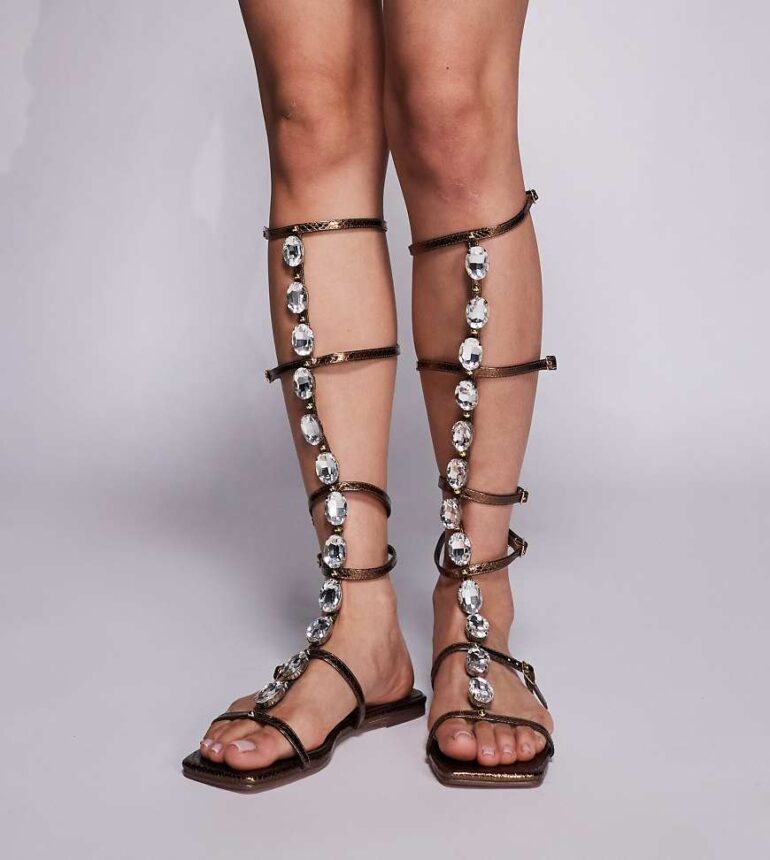 Simmi London Wide Fit Zenya gladiator sandals with stone detail in bronze metallic-Brown