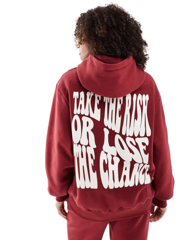 Sixth June back printed quote co ord hoodie in burgundy-Red
