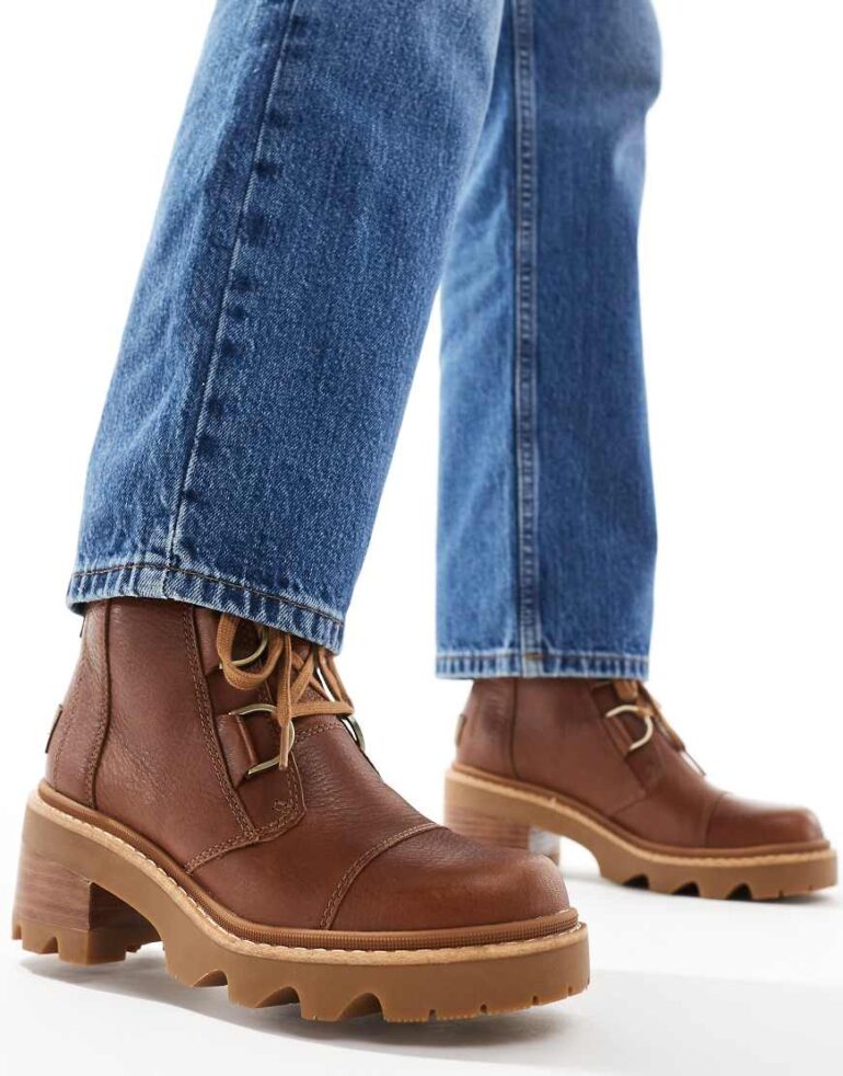 Sorel Joan Now heeled lace up leather boots in velvet tan and black-Brown