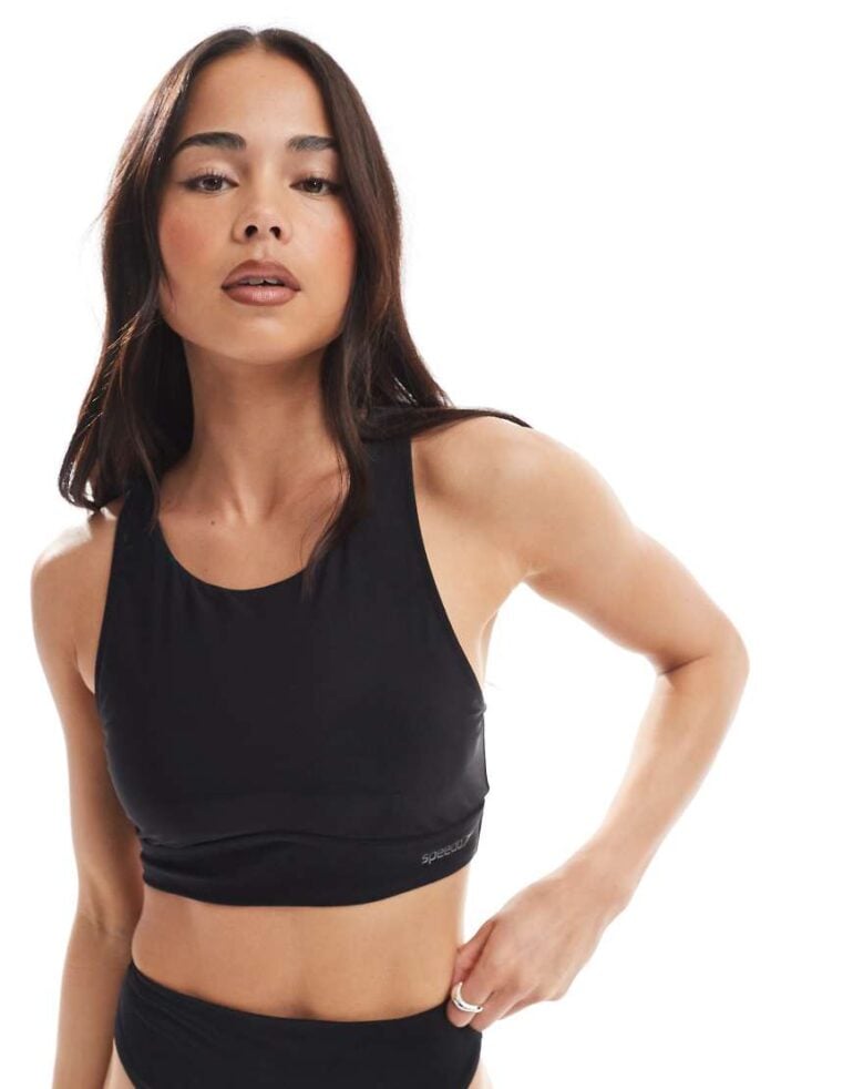 Speedo Swim tops high neck bikini crop top in anthracite-Black