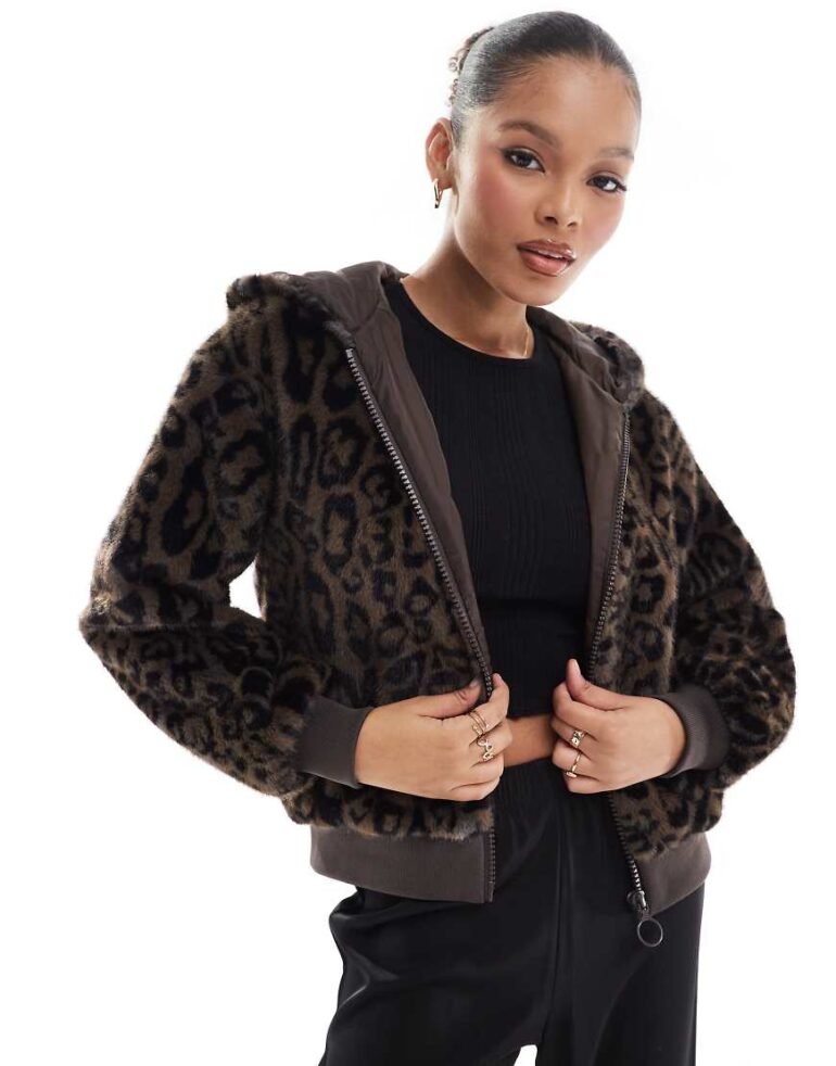 Stradivarius STR faux fur zip up hooded bomber jacket in leopard print-Brown
