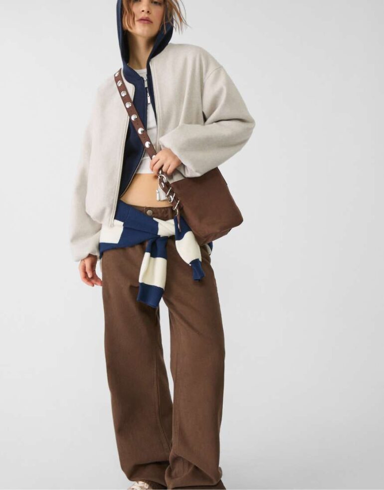 Stradivarius faux suede crossbody bag with strap detail in brown