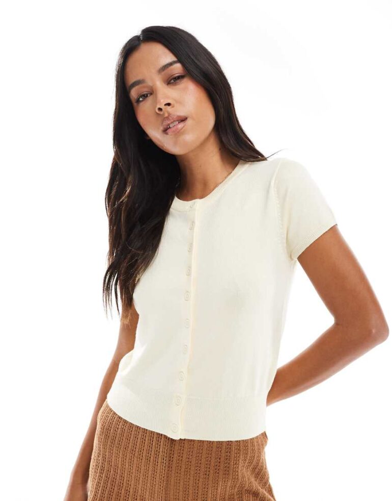 Stradivarius knitted short sleeve cardigan in yellow