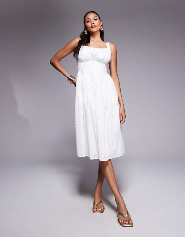 Taideux fuller bust Marie midi broderie dress with ruching and boning in white
