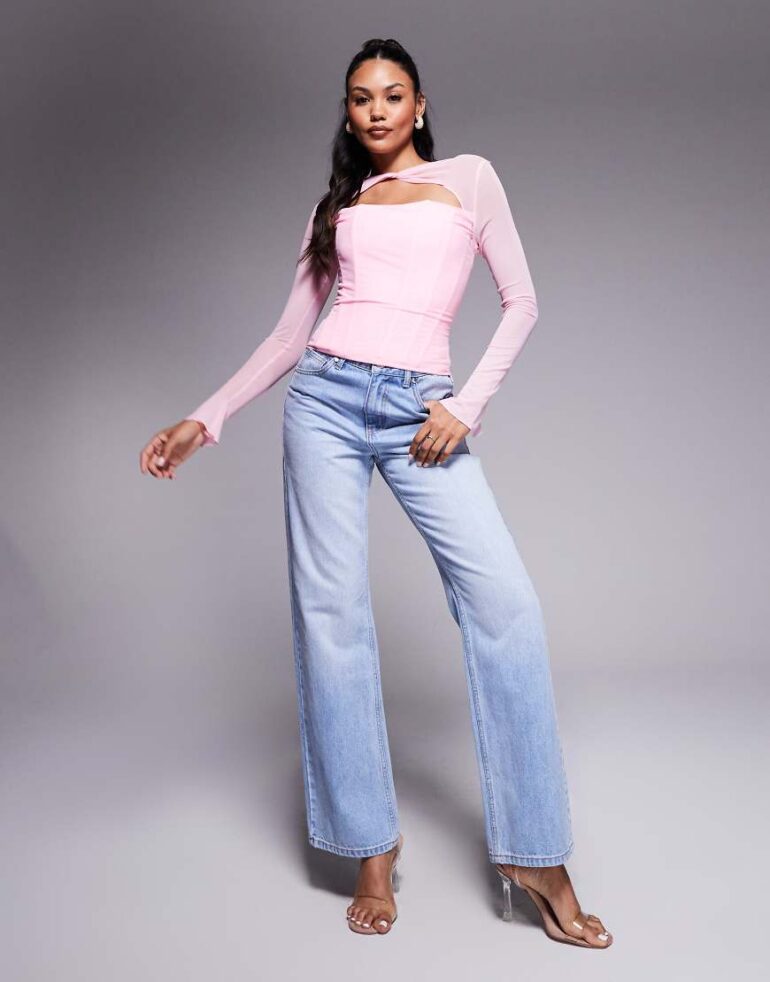 Taideux fuller bust Tilly mesh boned cut out corset top with lace up back detail in pastel pink