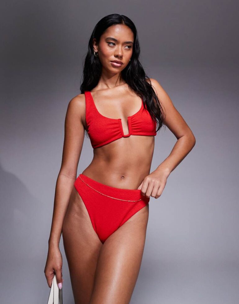 The Frolic exclusive crinkle bikini top co-ord in red