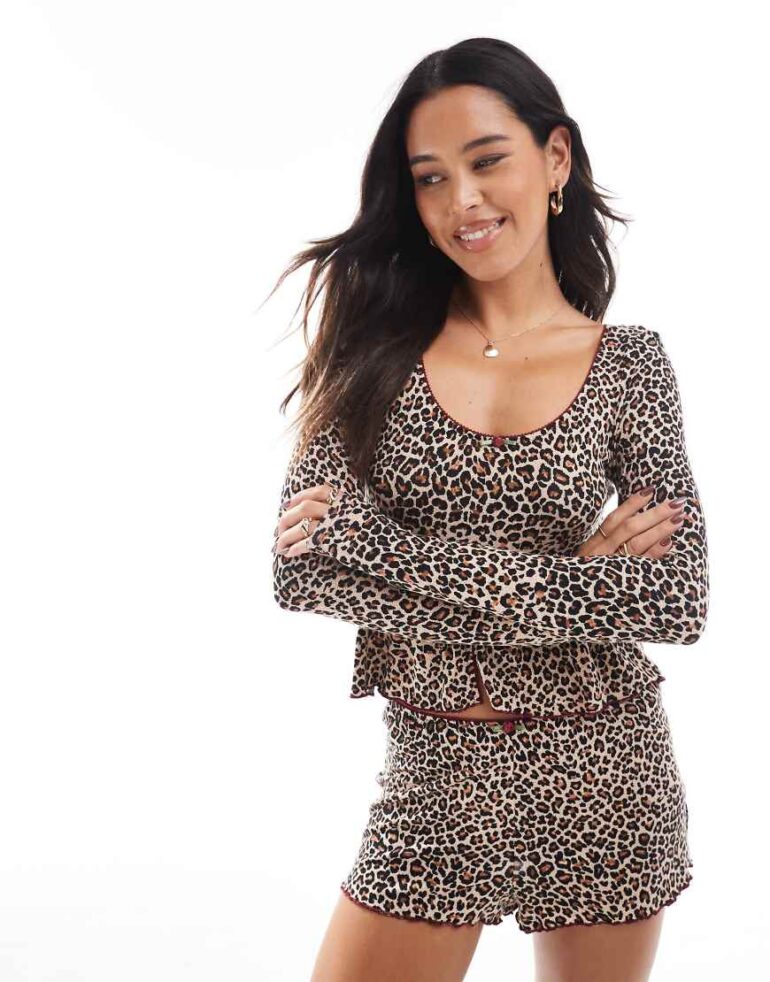 The Frolic exclusive cropped scoop neck long sleeve pyjama lounge top co-ord in leopard print-Multi