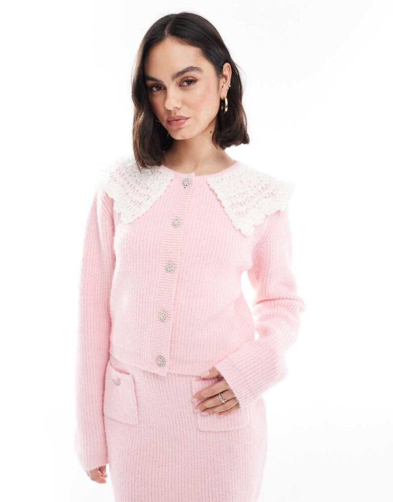 The Frolic exclusive fluffy knit crochet collar diamante button detail cardigan co-ord in pink
