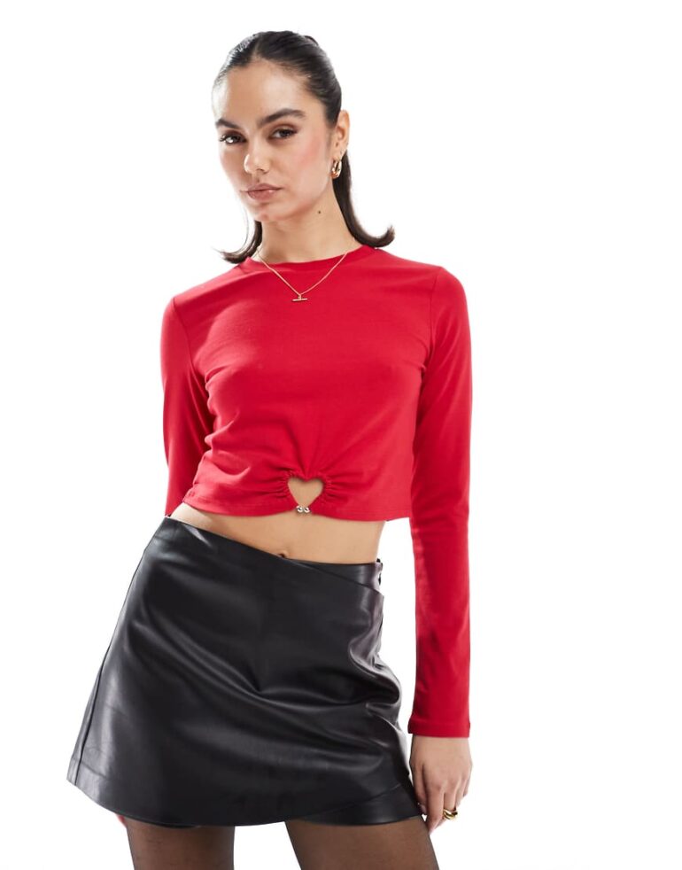The Frolic exclusive heart hardware cutout detail long sleeve crop top in red