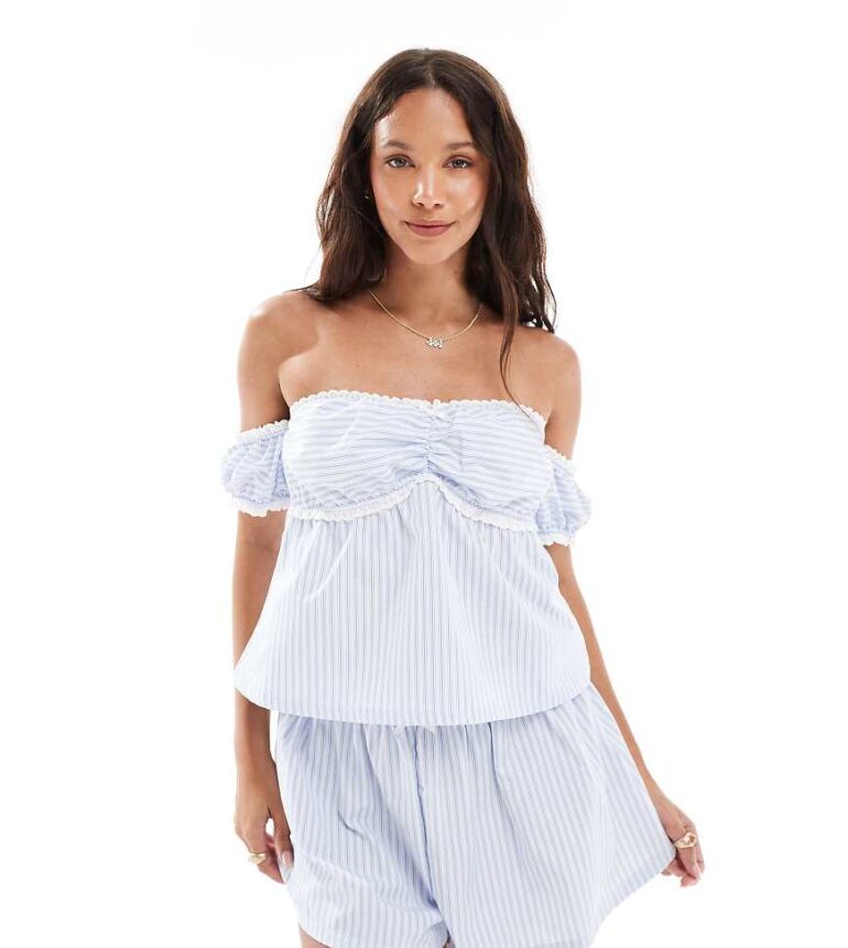 The Frolic exclusive milkmaid off sleeve bow detail top co-ord in blue and white stripe