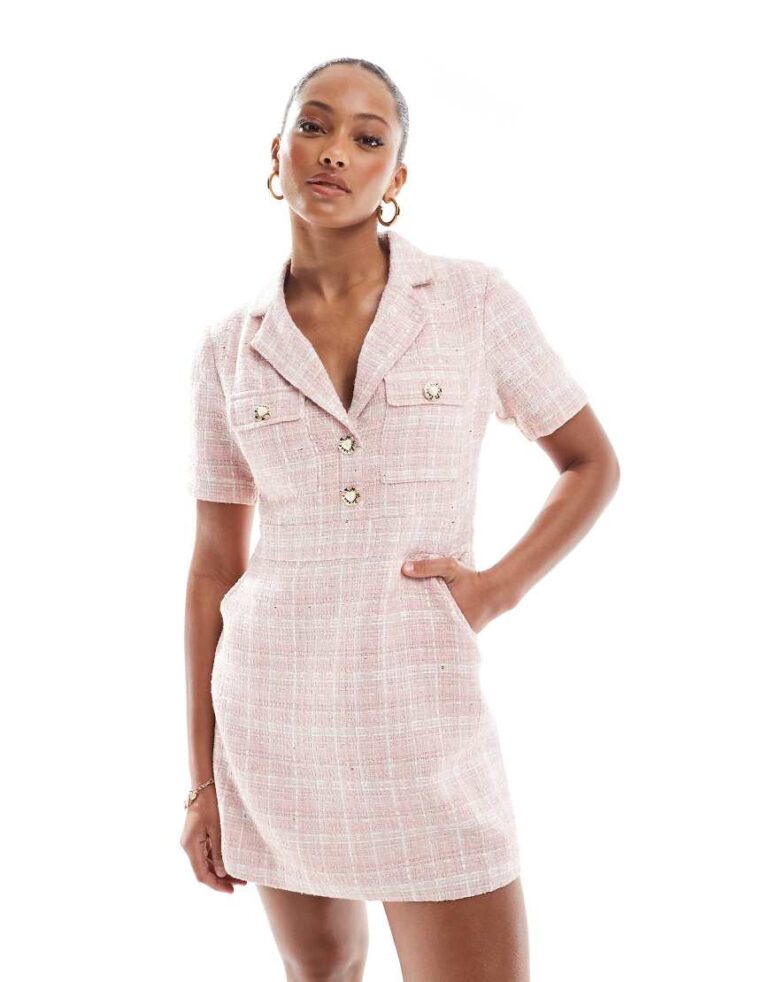The Frolic exclusive short sleeve heart button detail tailored boucle mini dress in pink check