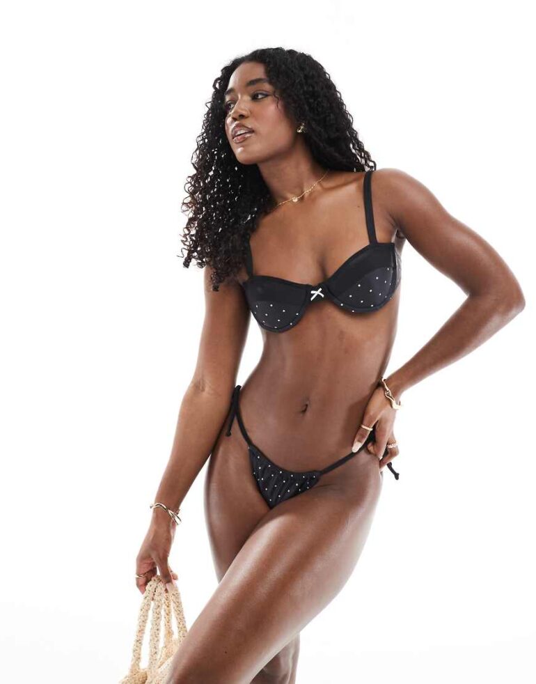 The Frolic exclusive tie side bikini bottoms co-ord in black polka dot