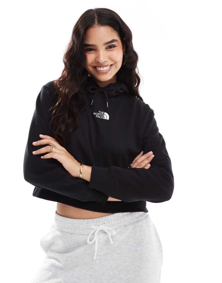 The North Face Essential oversized cropped logo hoodie in black