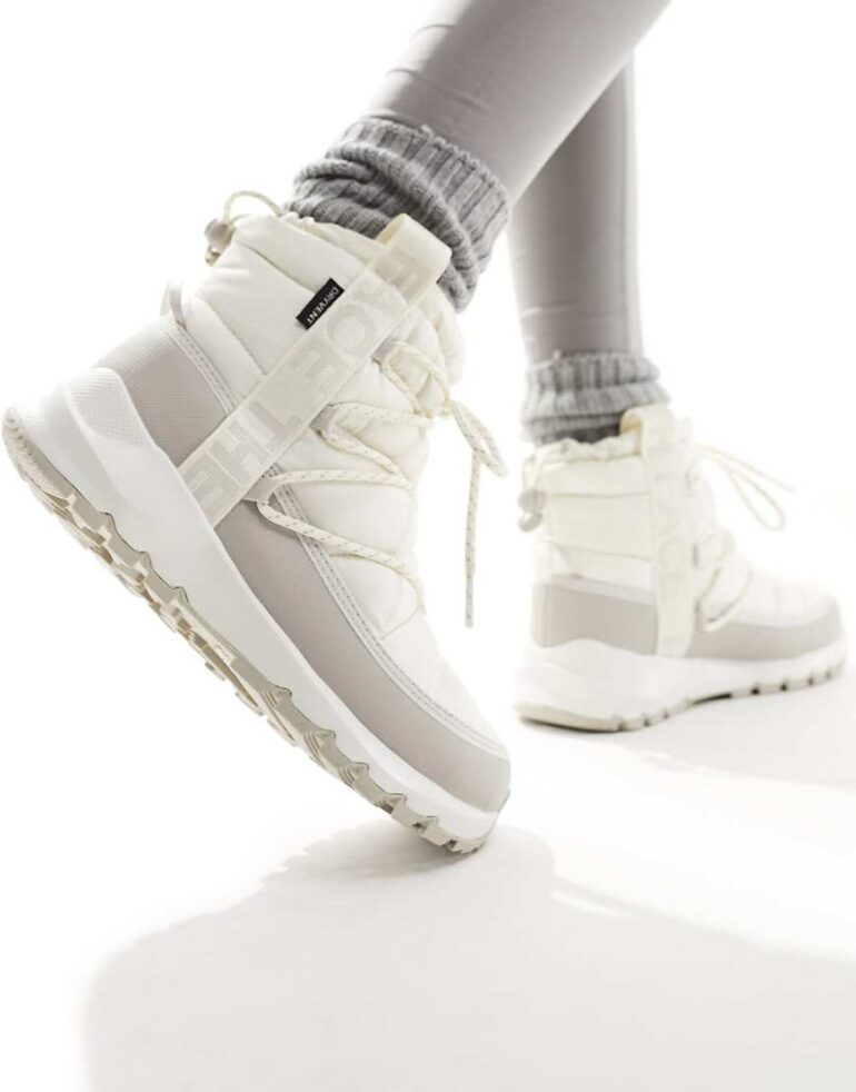 The North Face Thermoball insulated lace up boots in cream and grey-White
