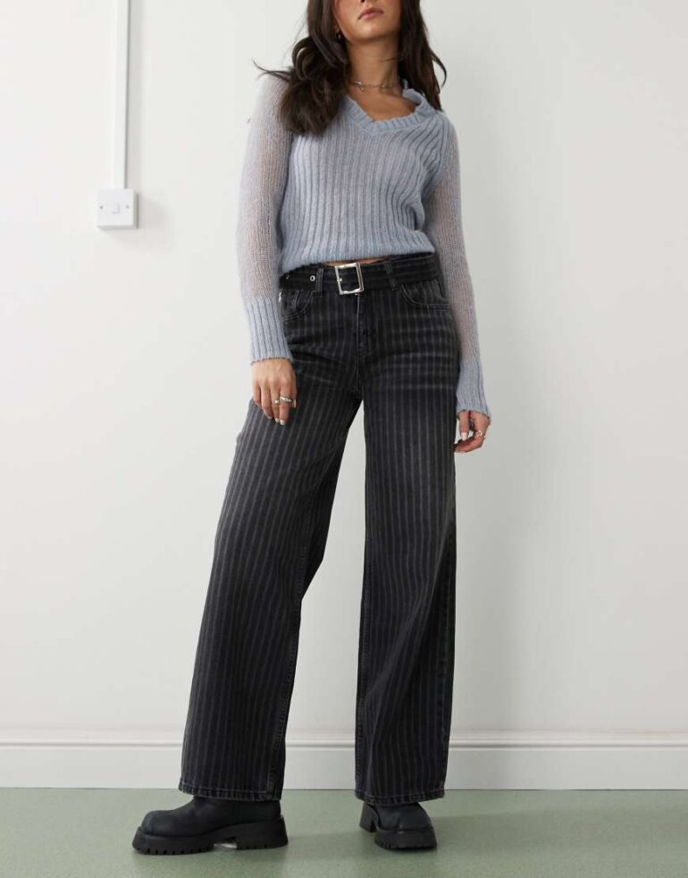 The Ragged Priest laser pinstripe release jean with belt in charcoal stripe-Grey