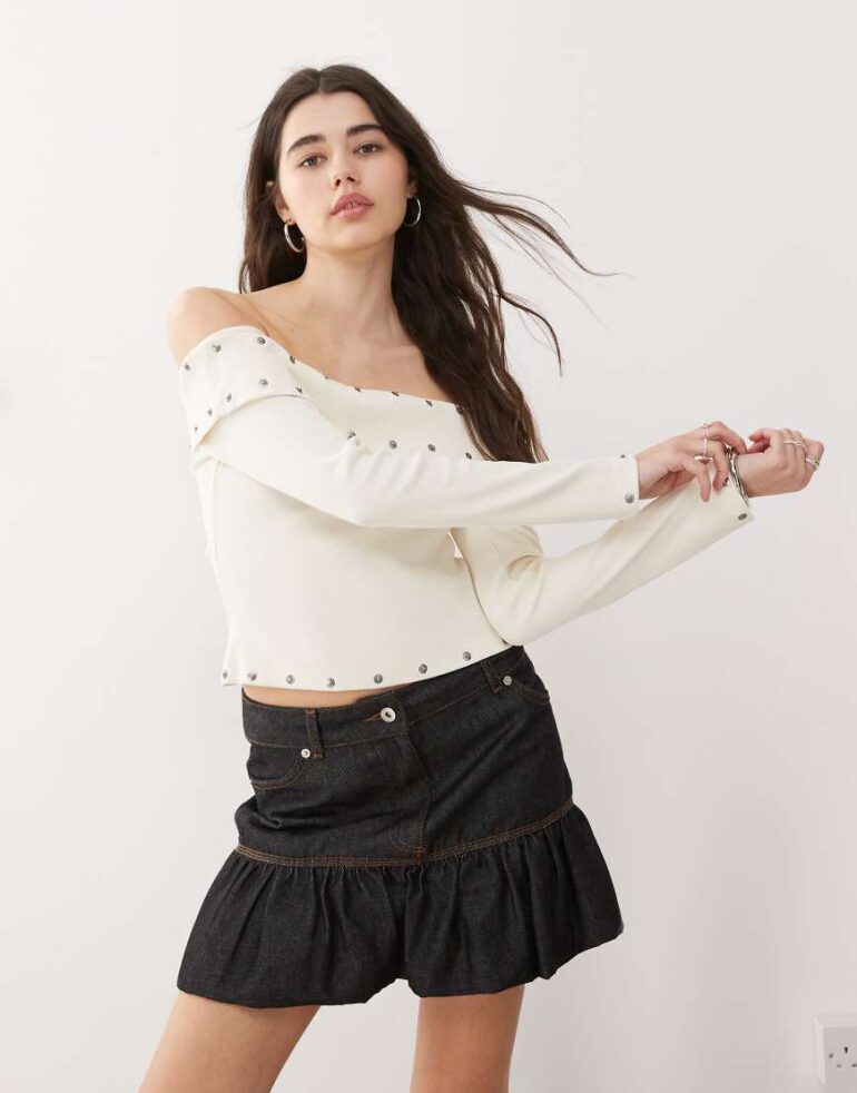 The Ragged Priest off shoulder top with eyelets in ecru-White