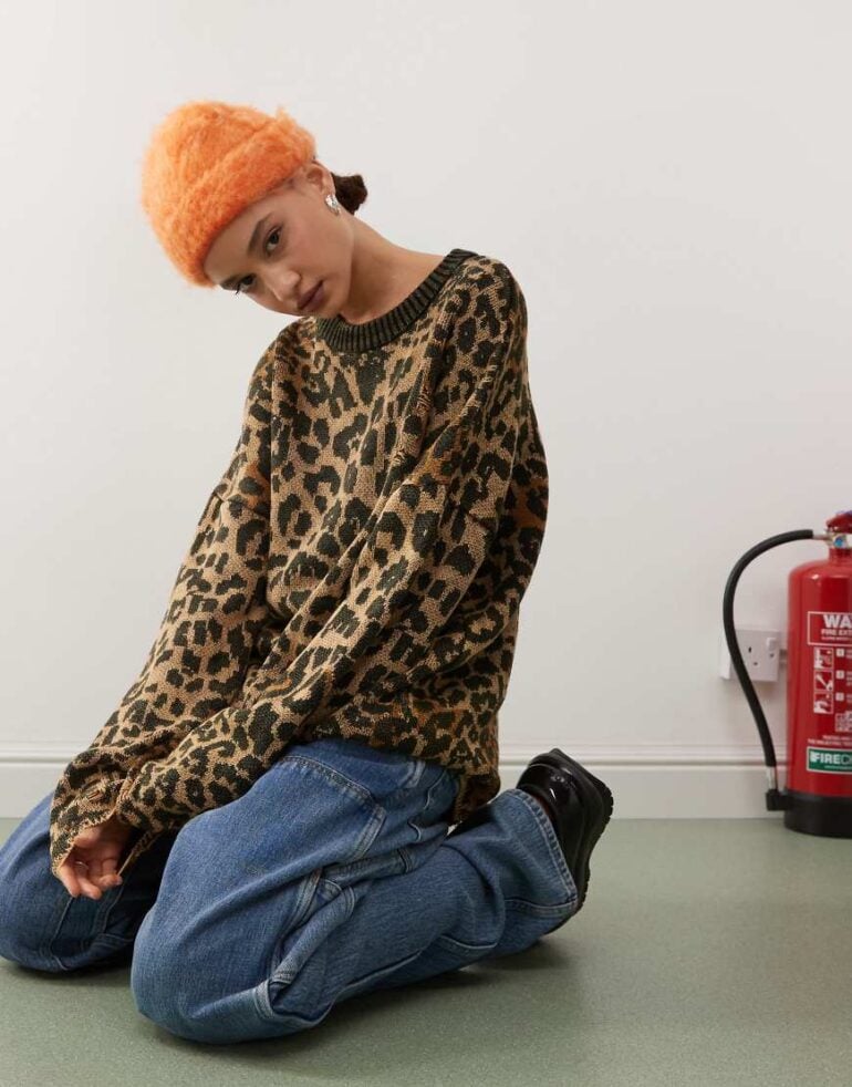 The Ragged Priest oversized knitted jumper with distressing in brown leopard