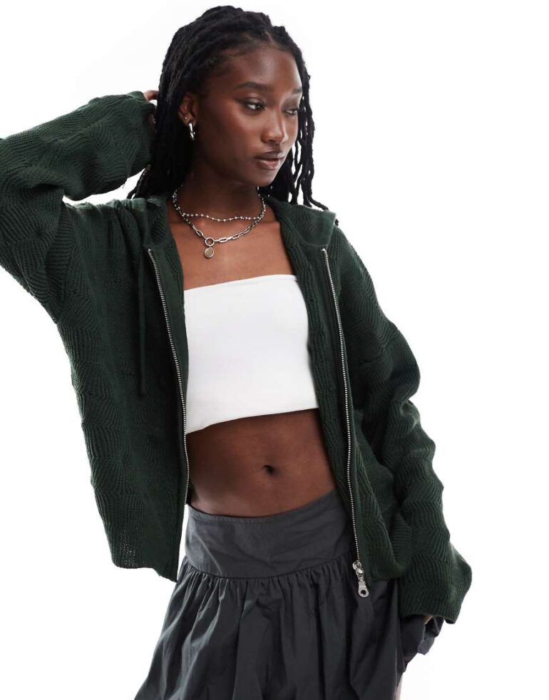 The Ragged Priest spikey knit zip up hoodie in dark green