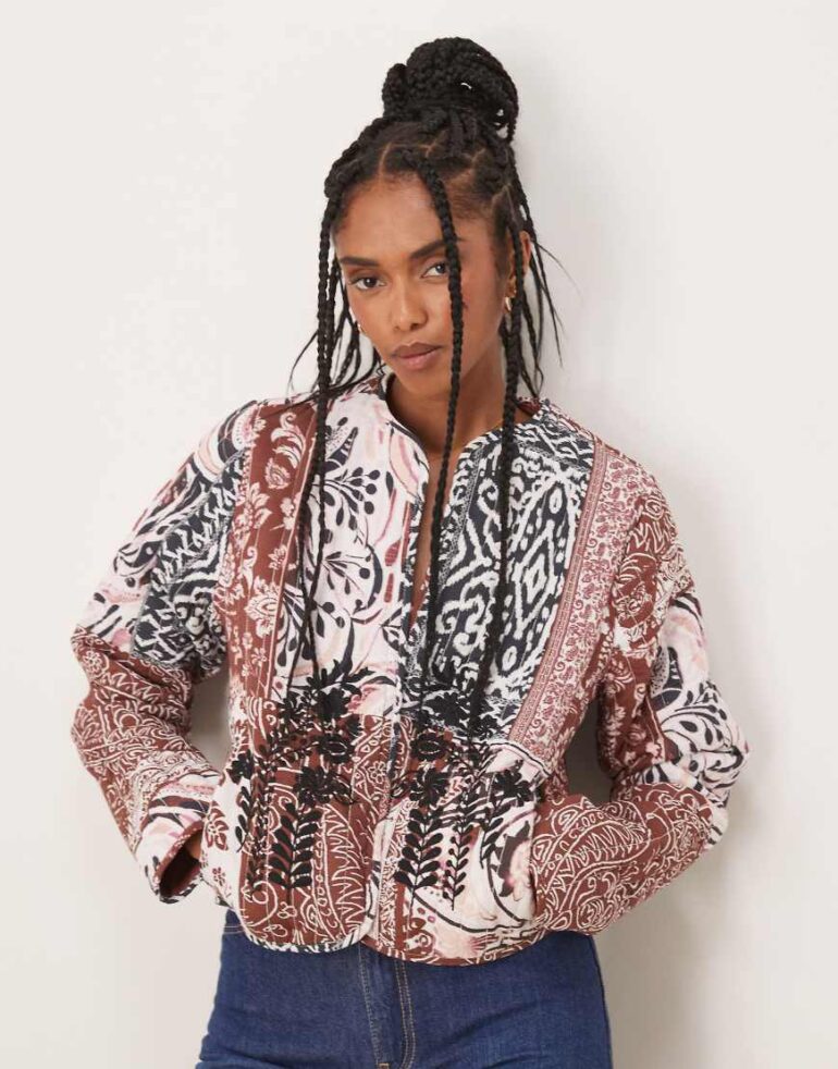Threadbare Embroidered quilted jacket in terracotta-Orange