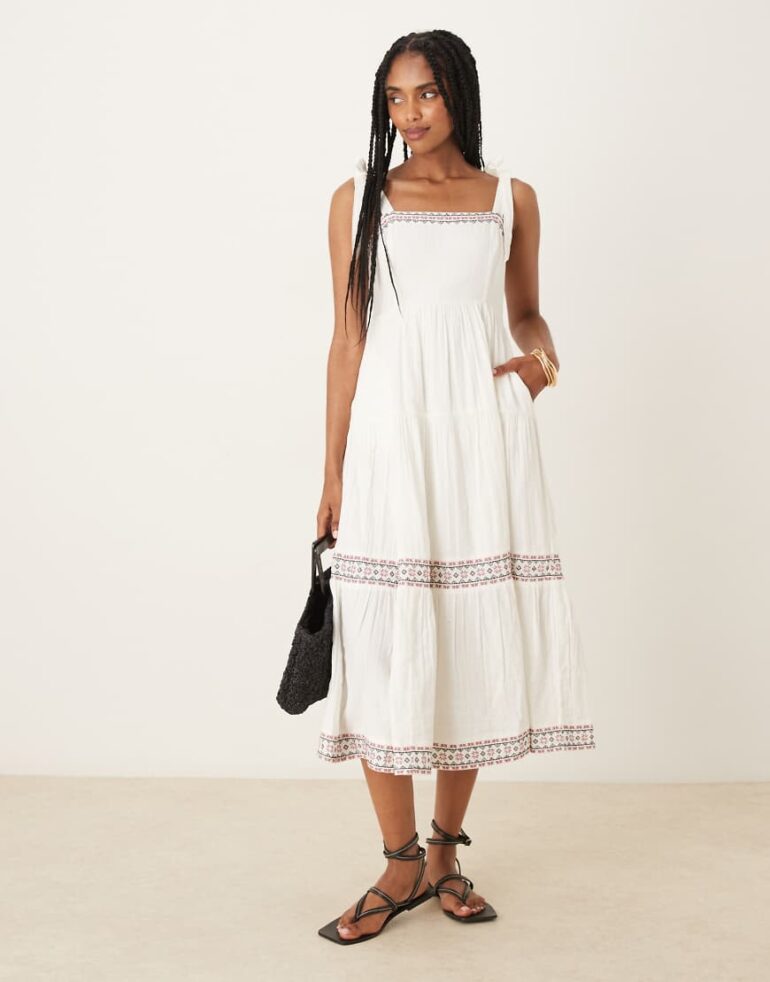 Threadbare Embroidered tiered maxi dress in cream-White