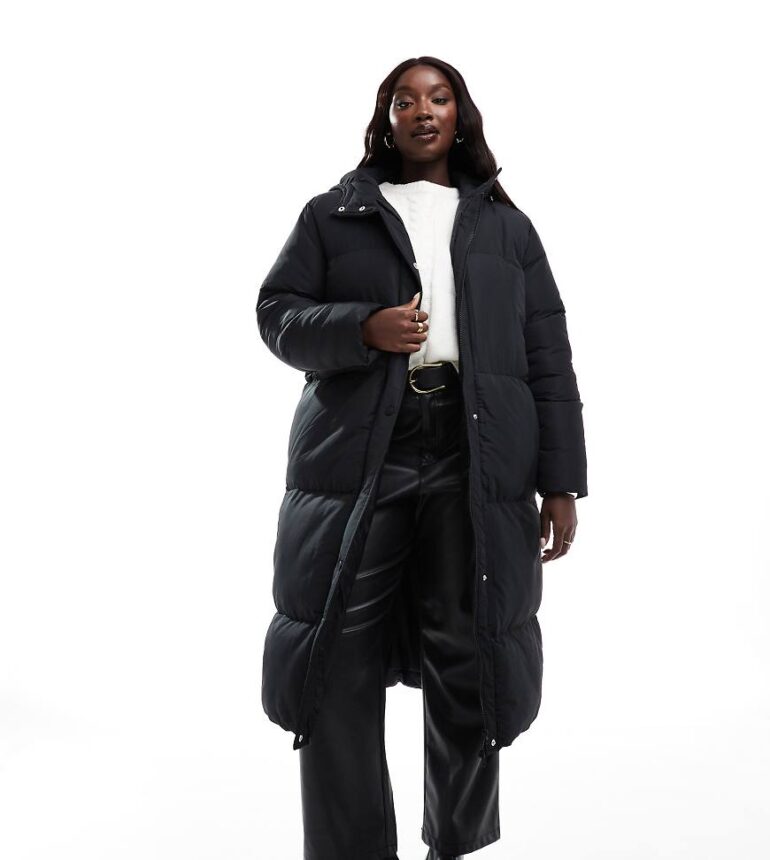 Threadbare Plus maxi puffer coat with hood in black