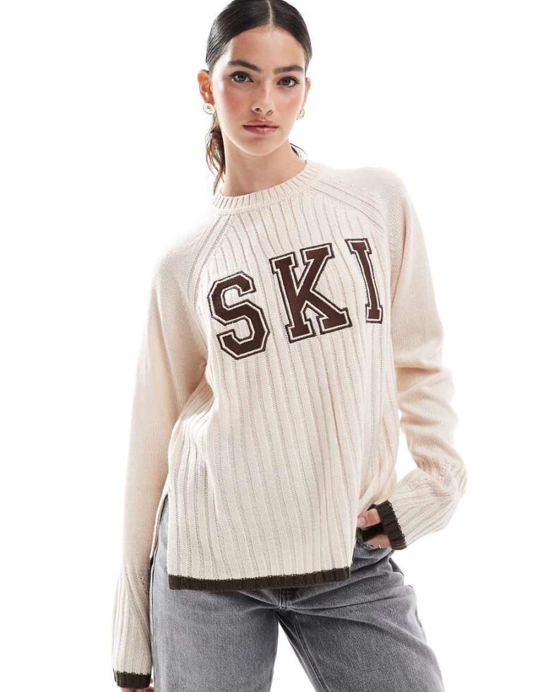 Threadbare Ski design knitted jumper in ecru and brown-White