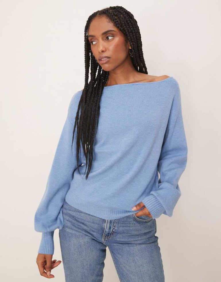 Threadbare Slash neck knitted jumper in blue