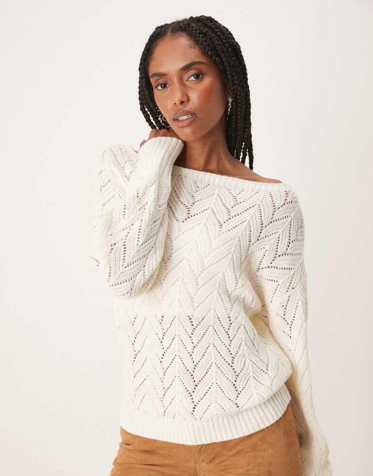 Threadbare Slash neck pointelle knit jumper in cream-White