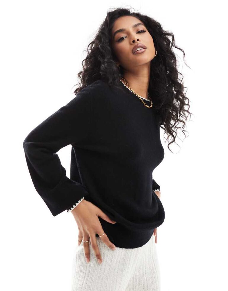 Threadbare black knitted jumper with white contrast trim