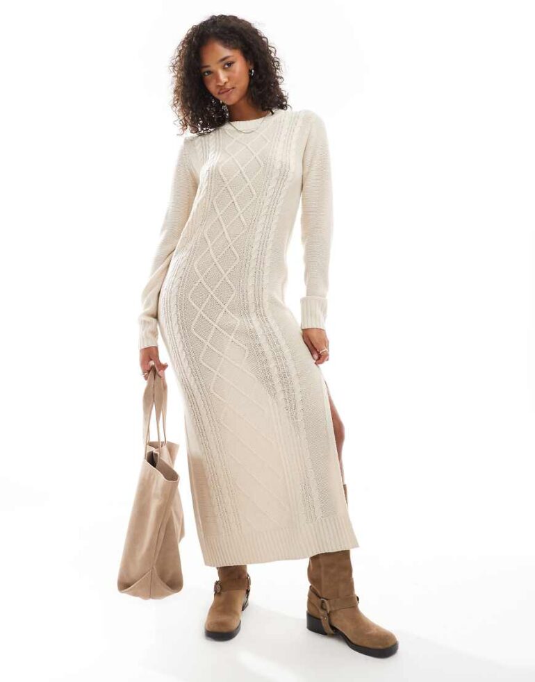 Threadbare cable knit maxi dress in cream-White