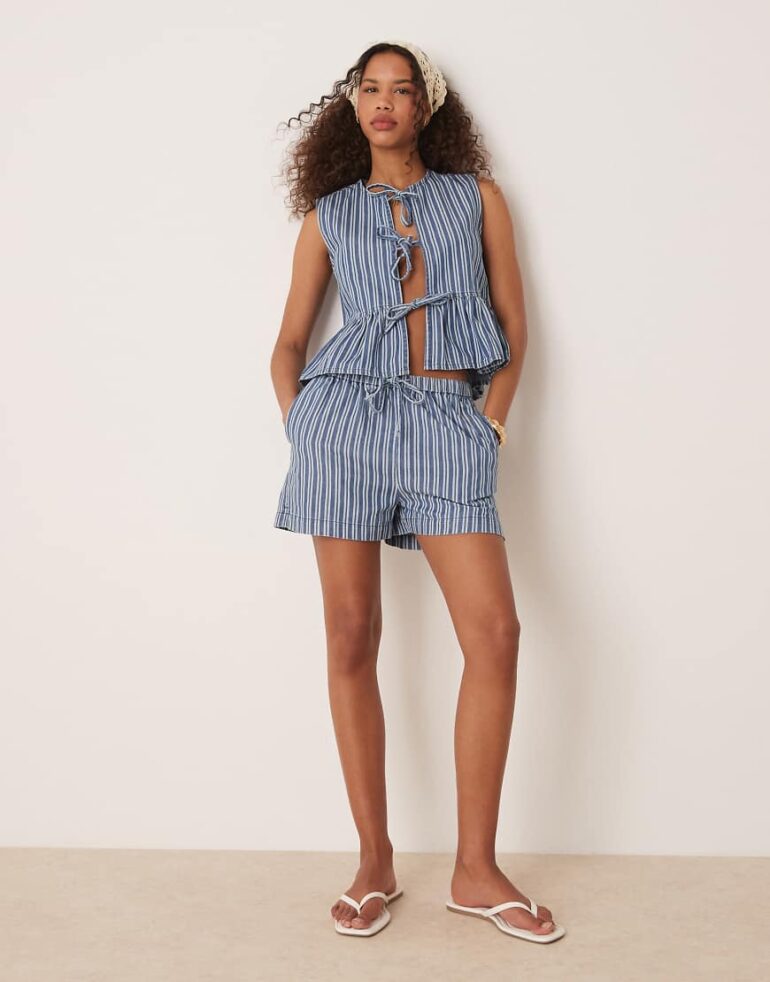 Threadbare co-ord denim stripe shorts with drawstring tie waist in blue