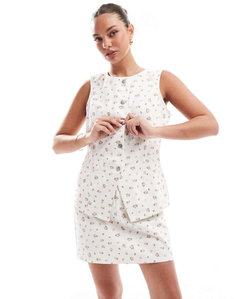 Threadbare co-ord denim waistcoat in white with pink ditsy print