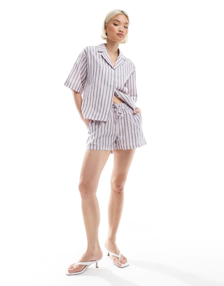 Threadbare co-ord stripe beach shorts in pink and blue