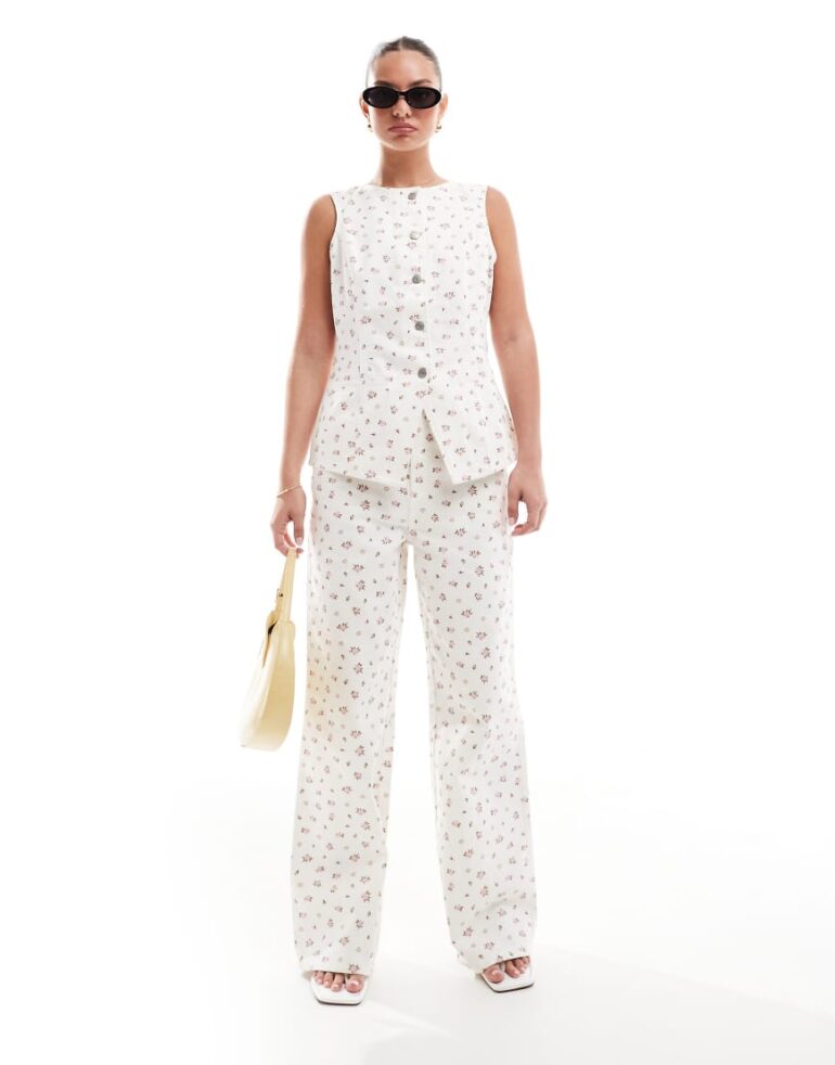 Threadbare co-ord wide leg jeans in white with pink ditsy print
