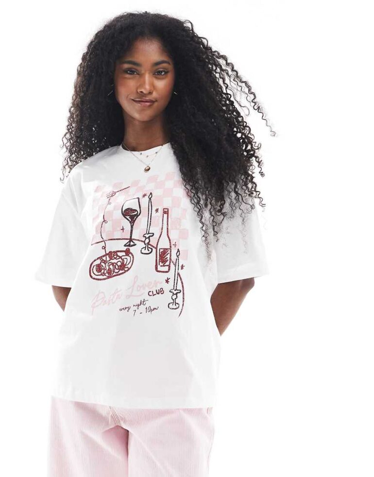 Threadbare cotton oversized graphic t-shirt with pasta print in white